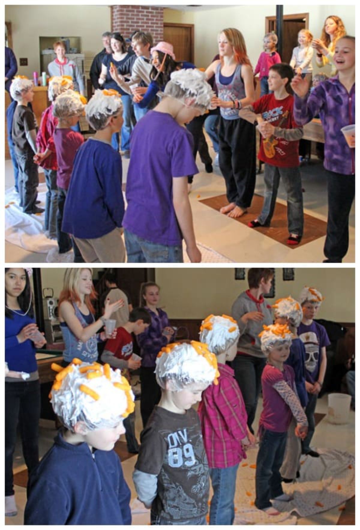 2 photos of a large group of people. 6 children have shower caps covered in shaving foam on their heads with cheetos stuck to them. 6 other people are throwing cheetos