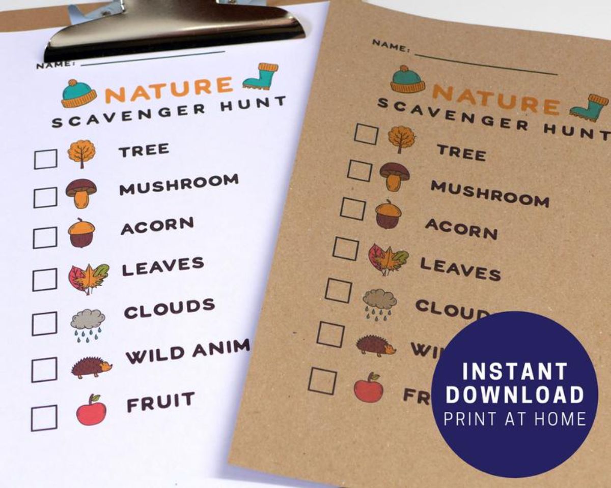 2 scavenger hunt cards, one white and one brown with small images of different outdoor elements