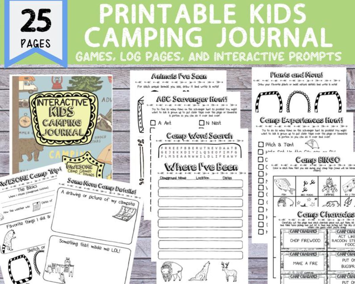 An image of sheets from a camping journal. The text reads "25 pages: Printable kids camping journal. Games, log pages and interactive prompts"