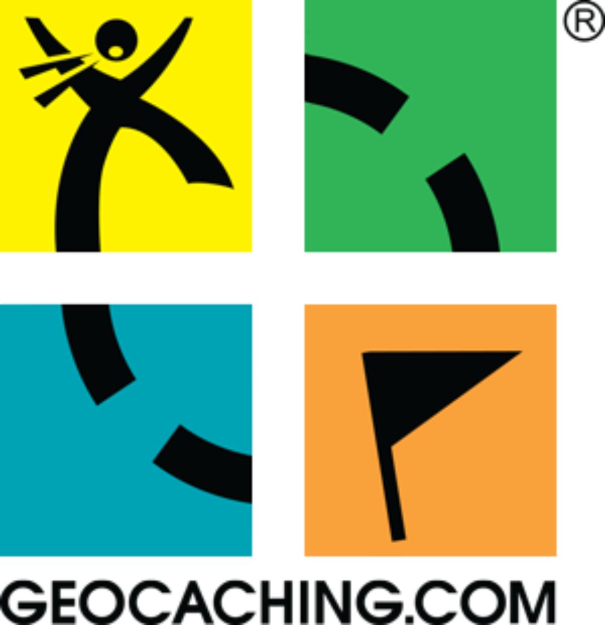 The text reads "Geocaching.com". 4 colored squares can be seen with black graphics on top of them