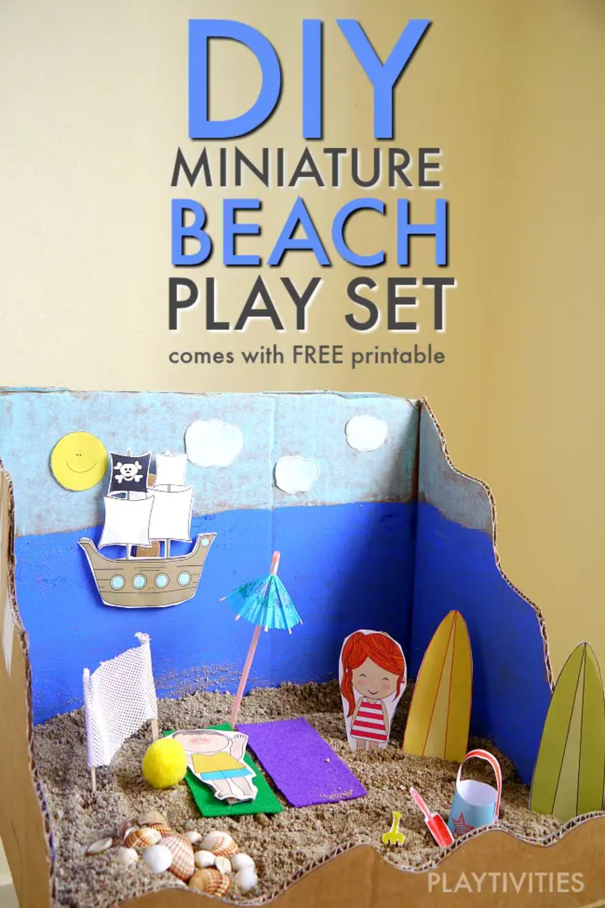 The text reads "DIY Miniature Beach Play Set comes with FREE printable" the image is off a beach scene made out of a cardboard box