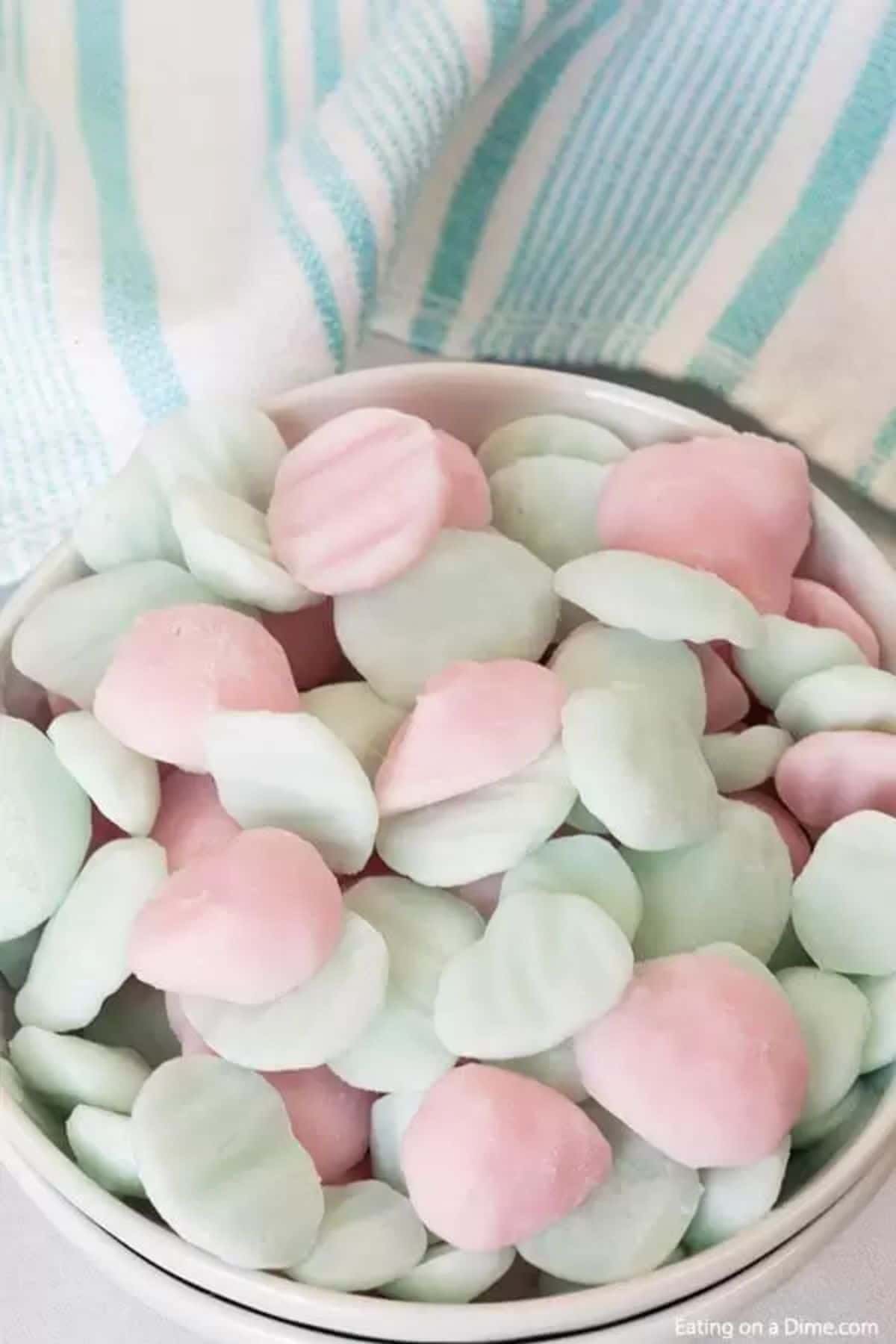 in a bowl on top of a green and white striped cloth iare yoghurt bites
