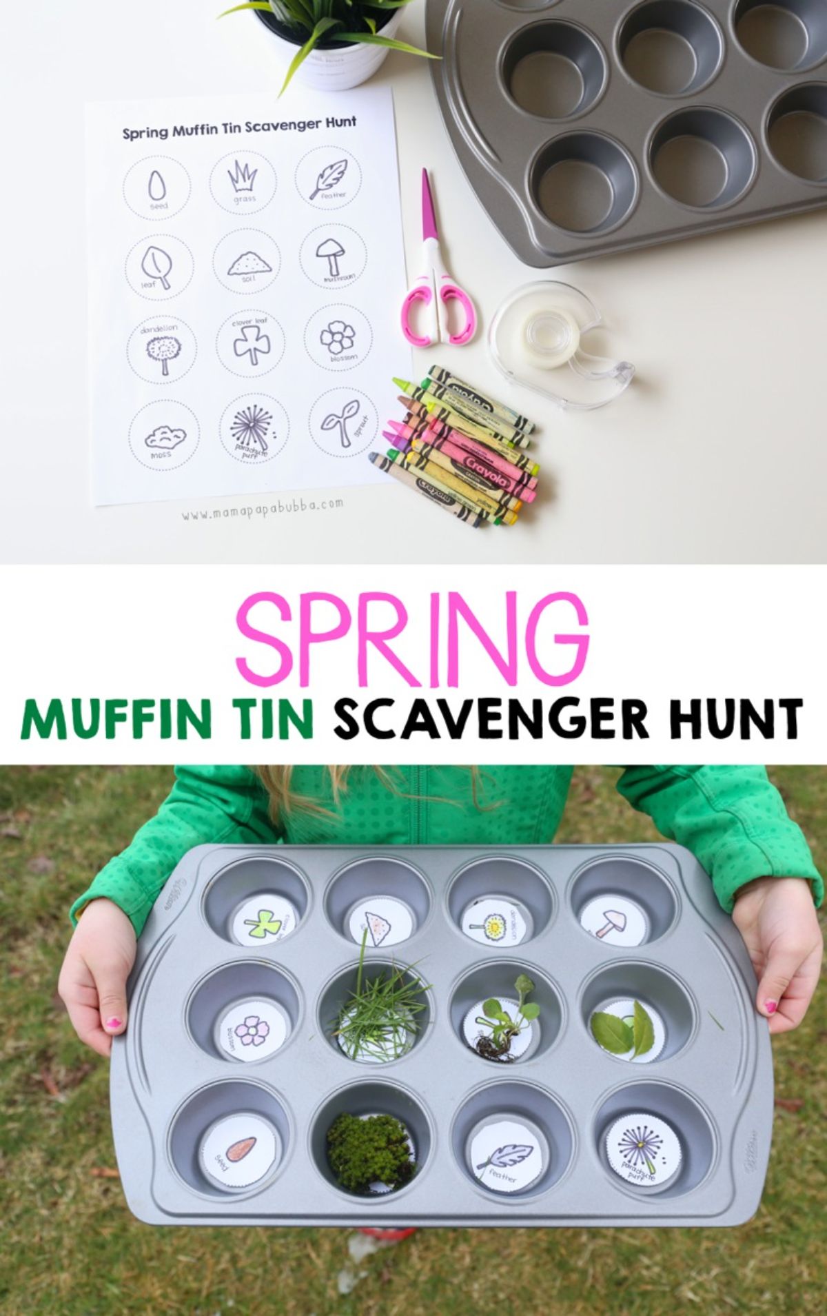 Text reads "Spring Muffin tin scavenger hunt" The top image is of a muffin tin, a sheet of paper with images on it, a pair of scissors, a pile of wax crayons and some tape. The bottom image is a child ni a green shirt holding the muffin tin filled with items.