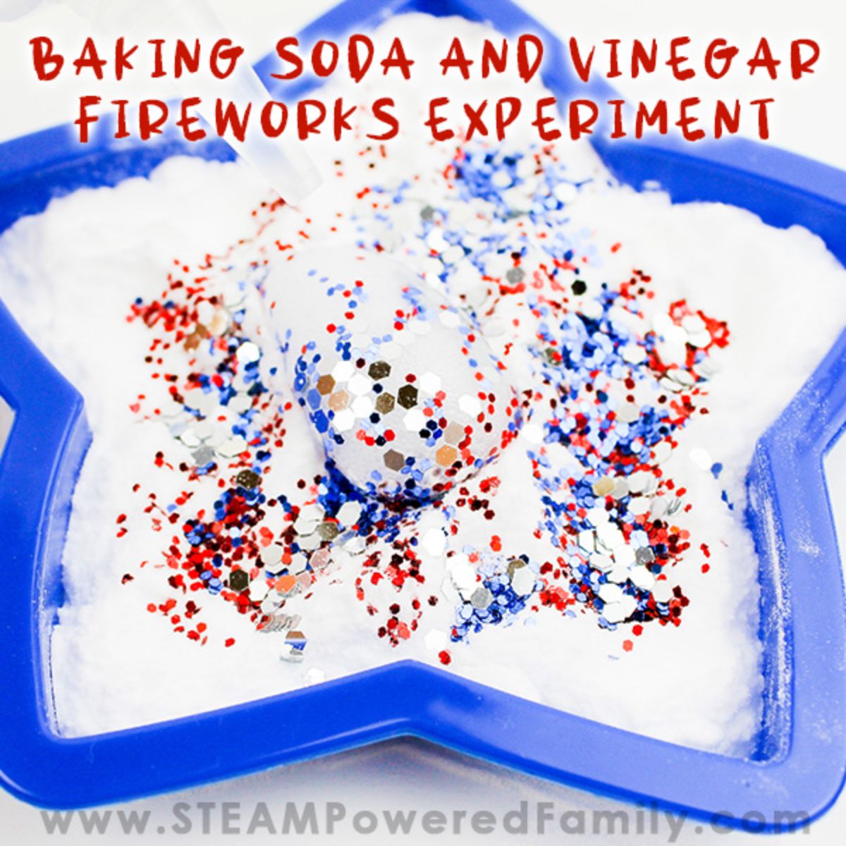 the text reads "Baking soda and vinegar fireworks experiment" the image is of a blue plastic star mold filled with baking soda and glitter