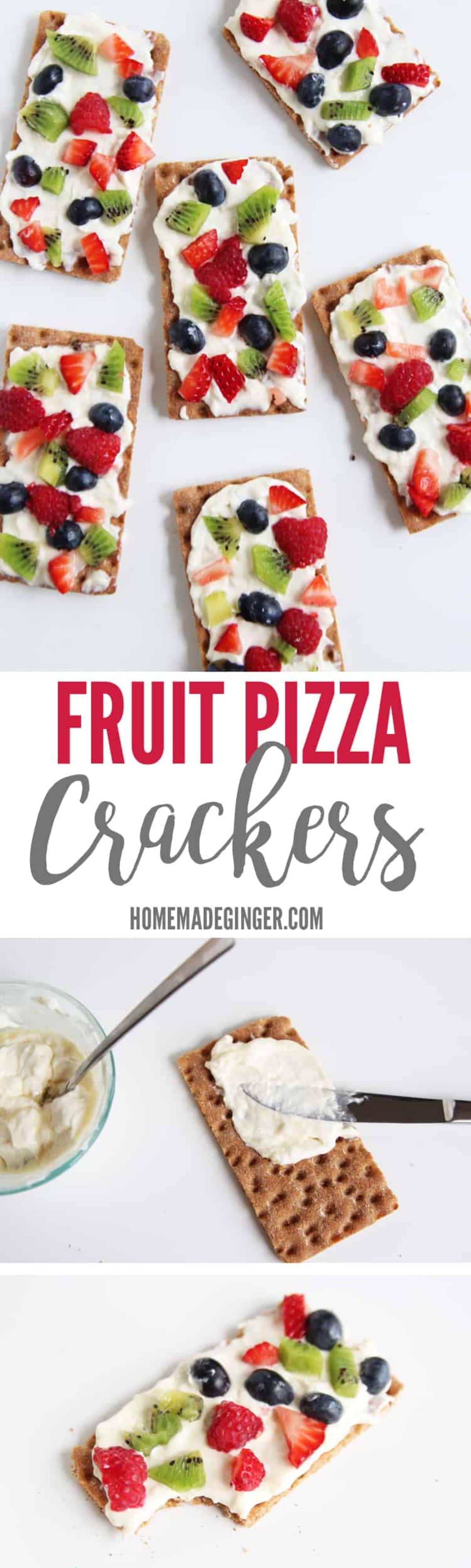 the text reads "Fruit piza crackers" The image is of ryvita crackers topped with yoghurt and fruit pieces