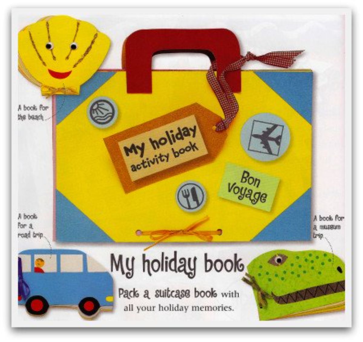 A page with a scrapbook made to look like a suitcase. The label reads "My holiday activity book". A car, dinosaur head and sea shell are around the main image