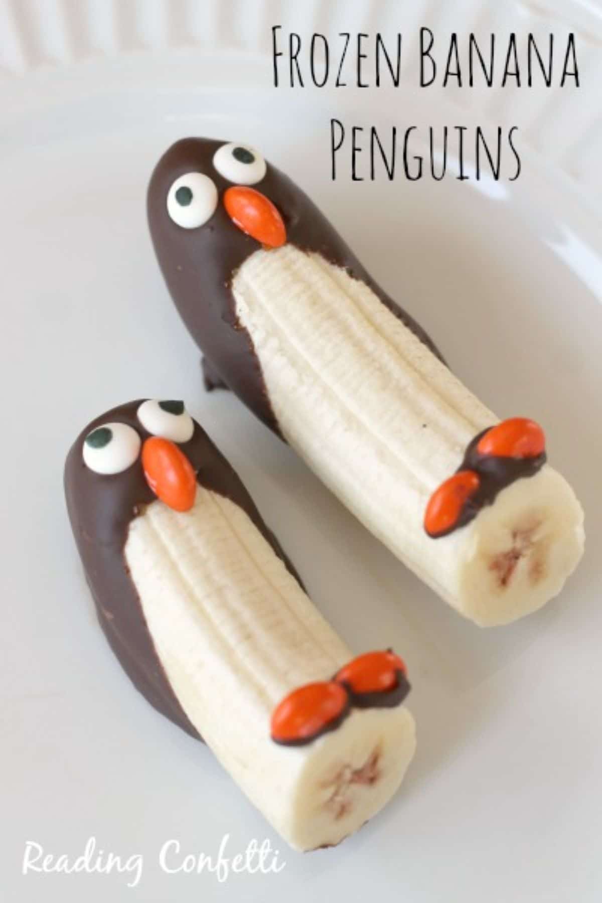The text reads £Frozen banana penguins". The image is of twohalf bananas decorated to look like penguins