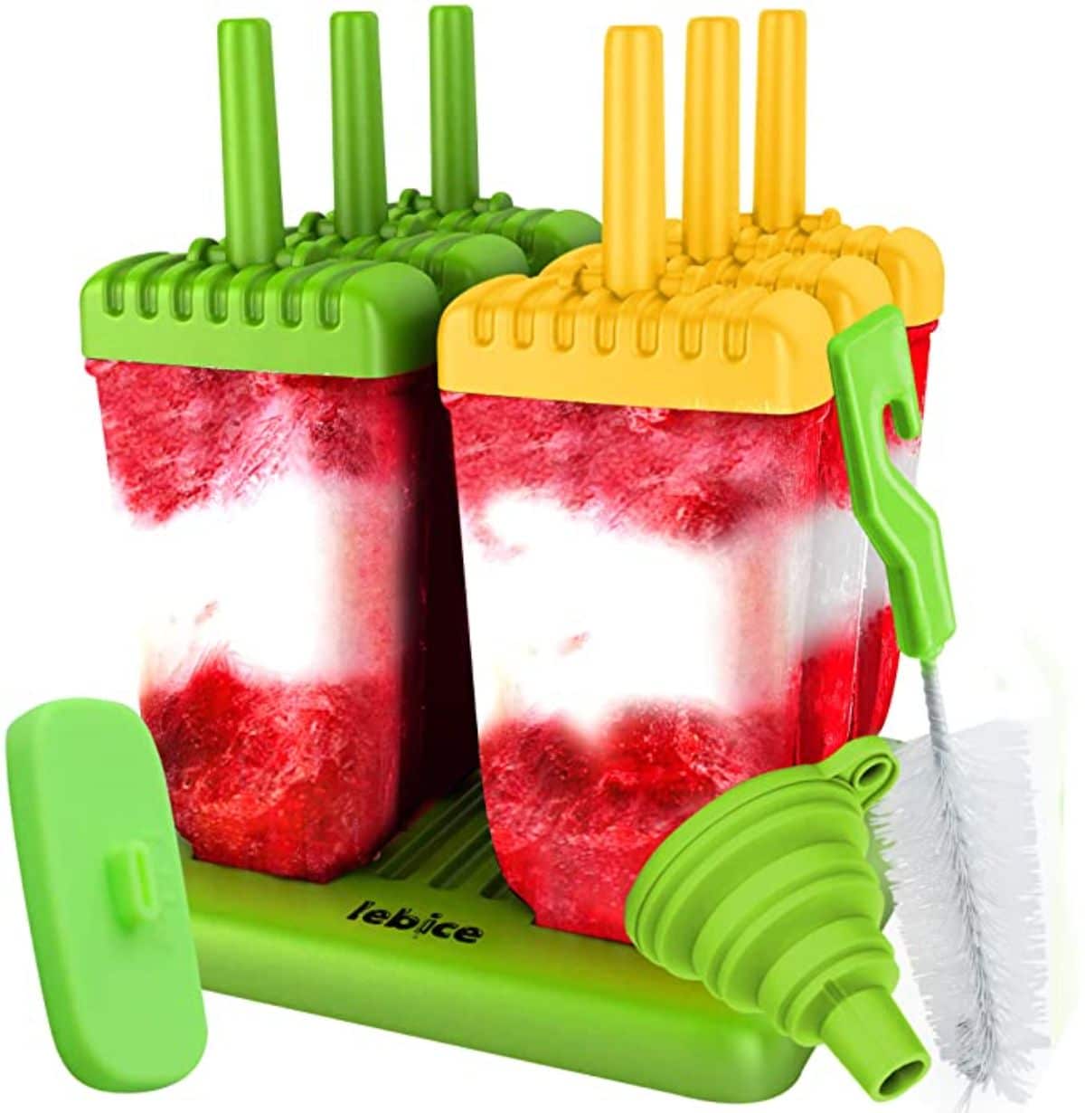 a popsicle maker in green and yellow with 4 popsicles in it