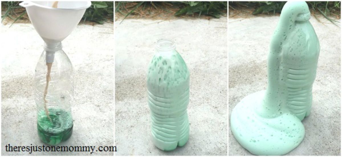 3 images of a plastic soda bottle filled with liquid, foaming liquid, and overflowing foaming liquid