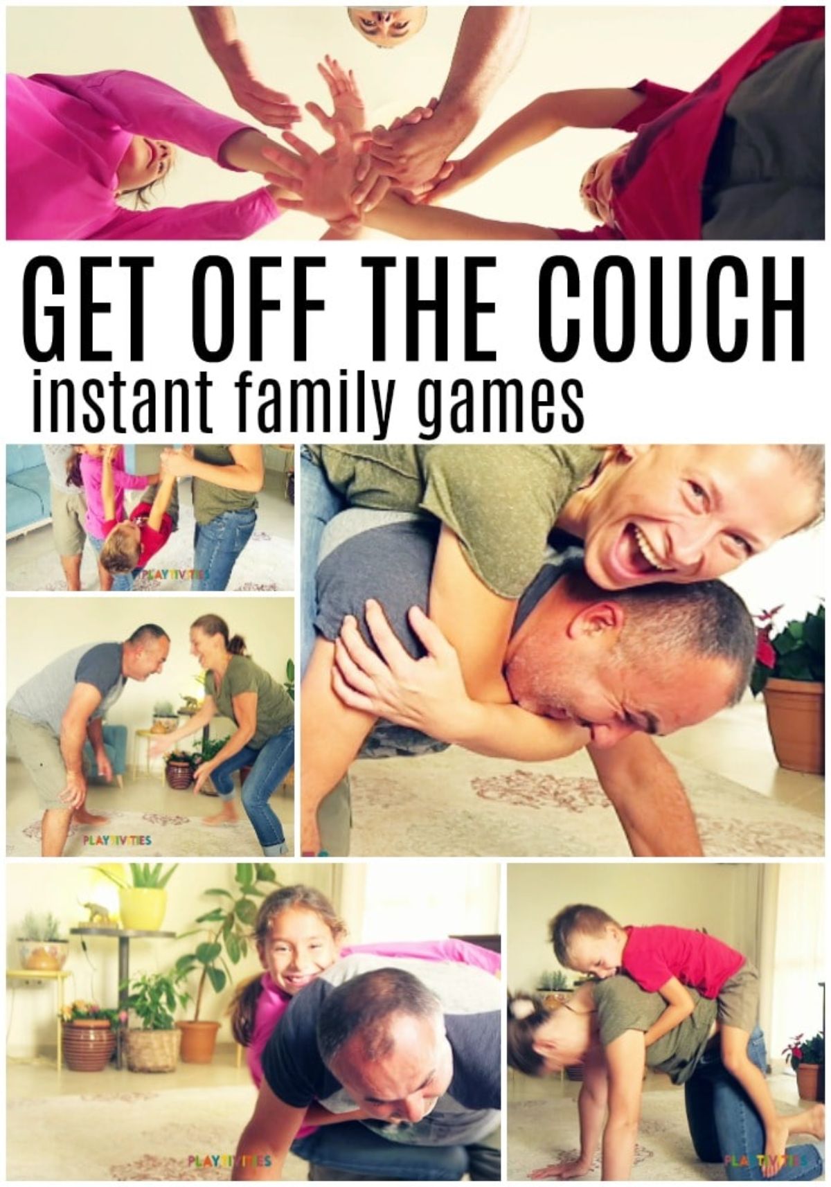 THe text reads "Get off the couch instant family games" various images are seen of a family jumping around and climbing on each other