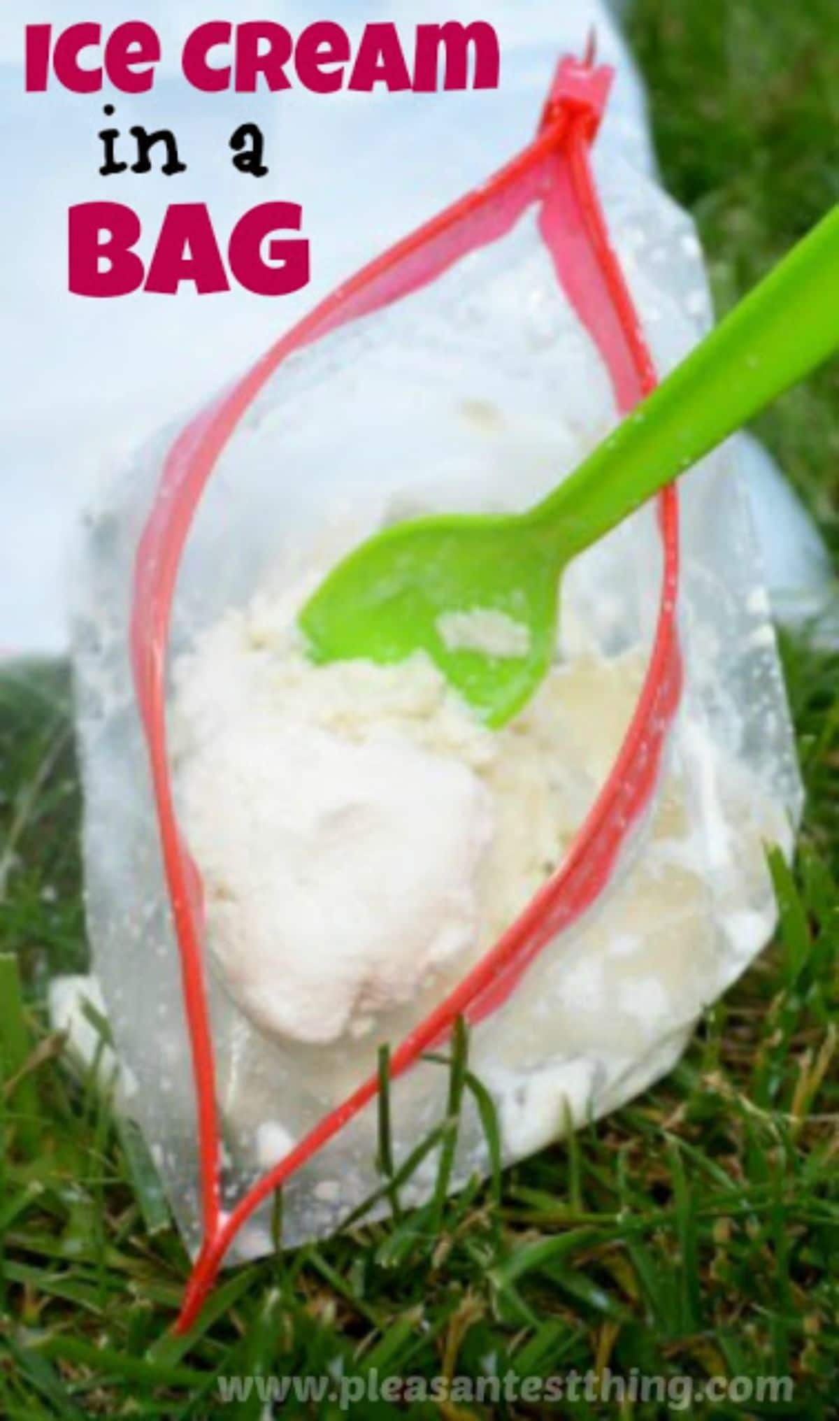 the text reads "Ice cream in a bag" the photo is of an open ziplock bag filled with ice cream a green spoon is sticking out of it