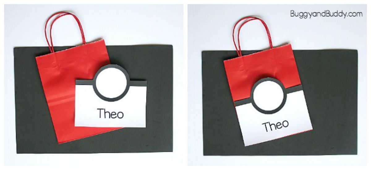 2 images of a paper bag decorated with a pokeball theme and labelled "Theo"