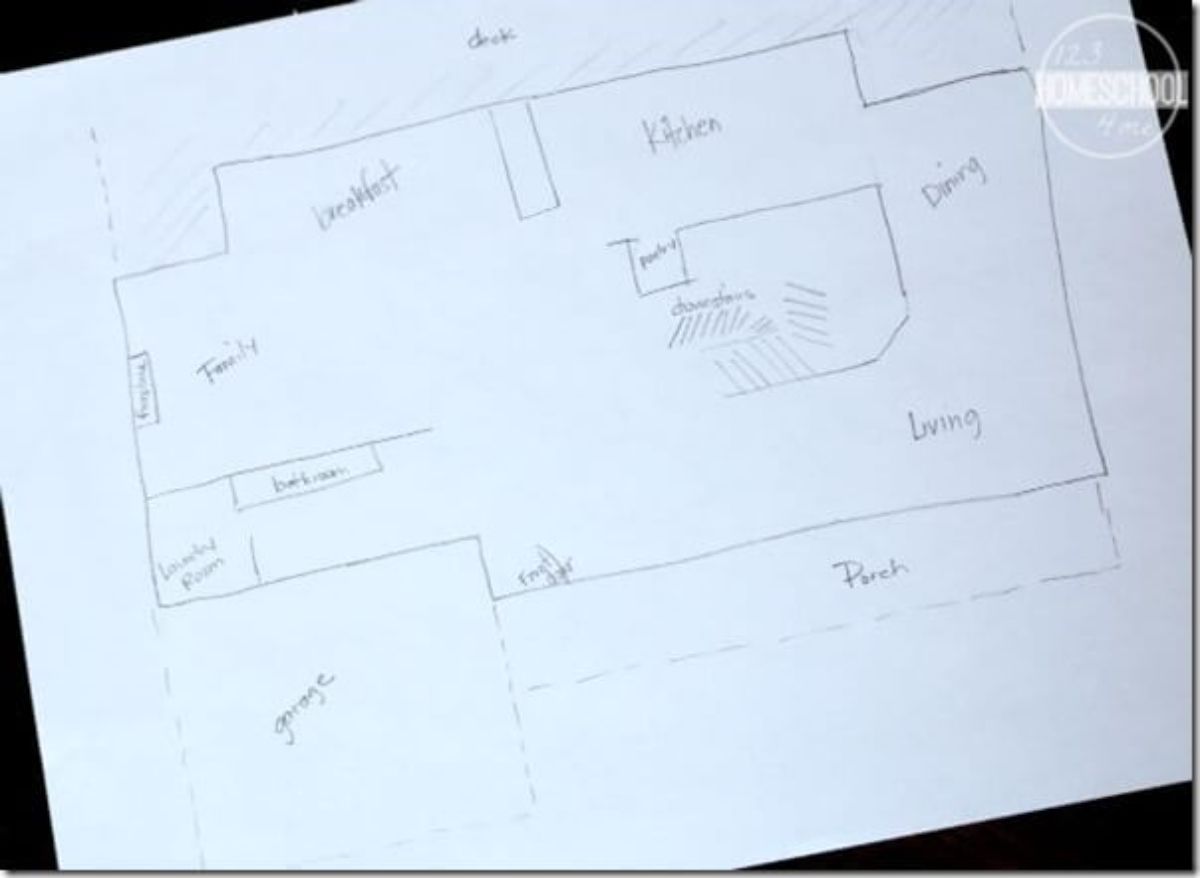a sheet of paper showing a basic blueprint of a house layout