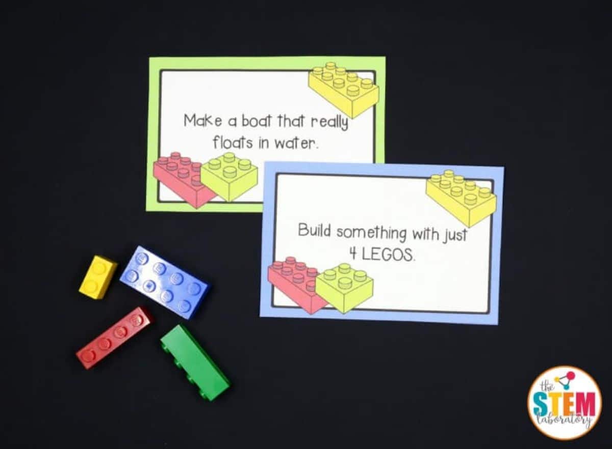 2 cards bordered in color and lego brick images with instructions on them
