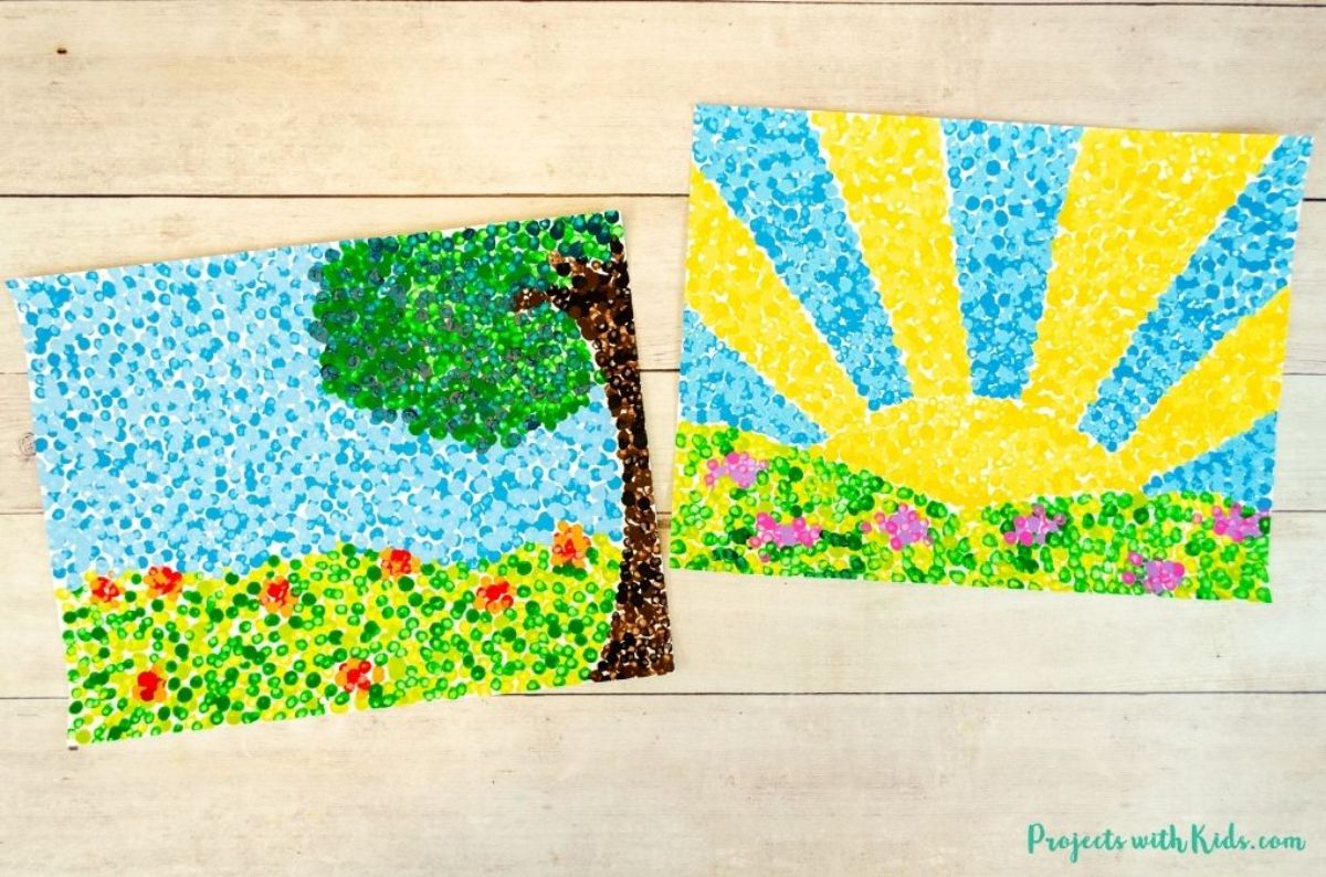 2 paintings made up of colored dots of paint. One is of a tree, grass and sky, the other is of a rising sun over grass