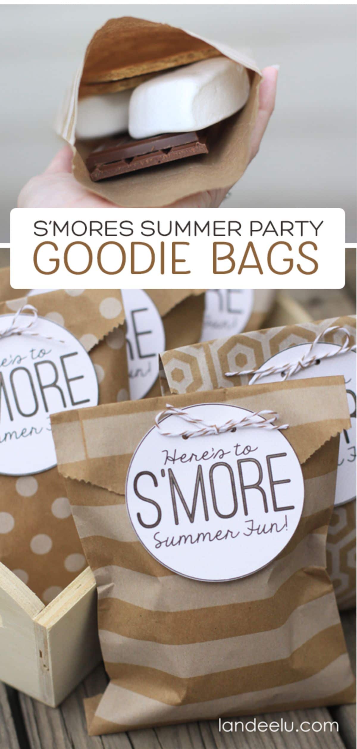 The text reads "S'mores summer party goodie bags" The image is of brown bags labelled with "Here's to s'more summer fun"