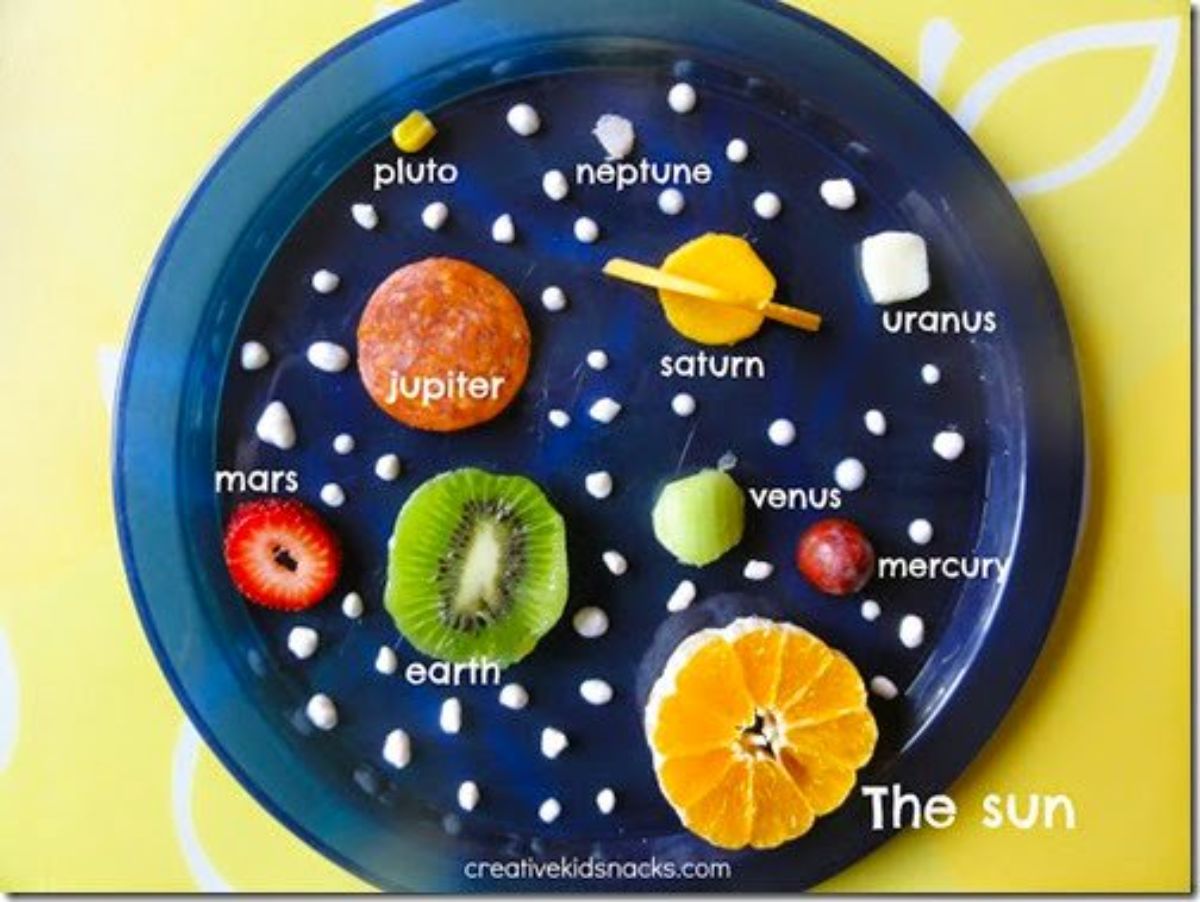 a plate containing each planet in the solar system made out of fruit.