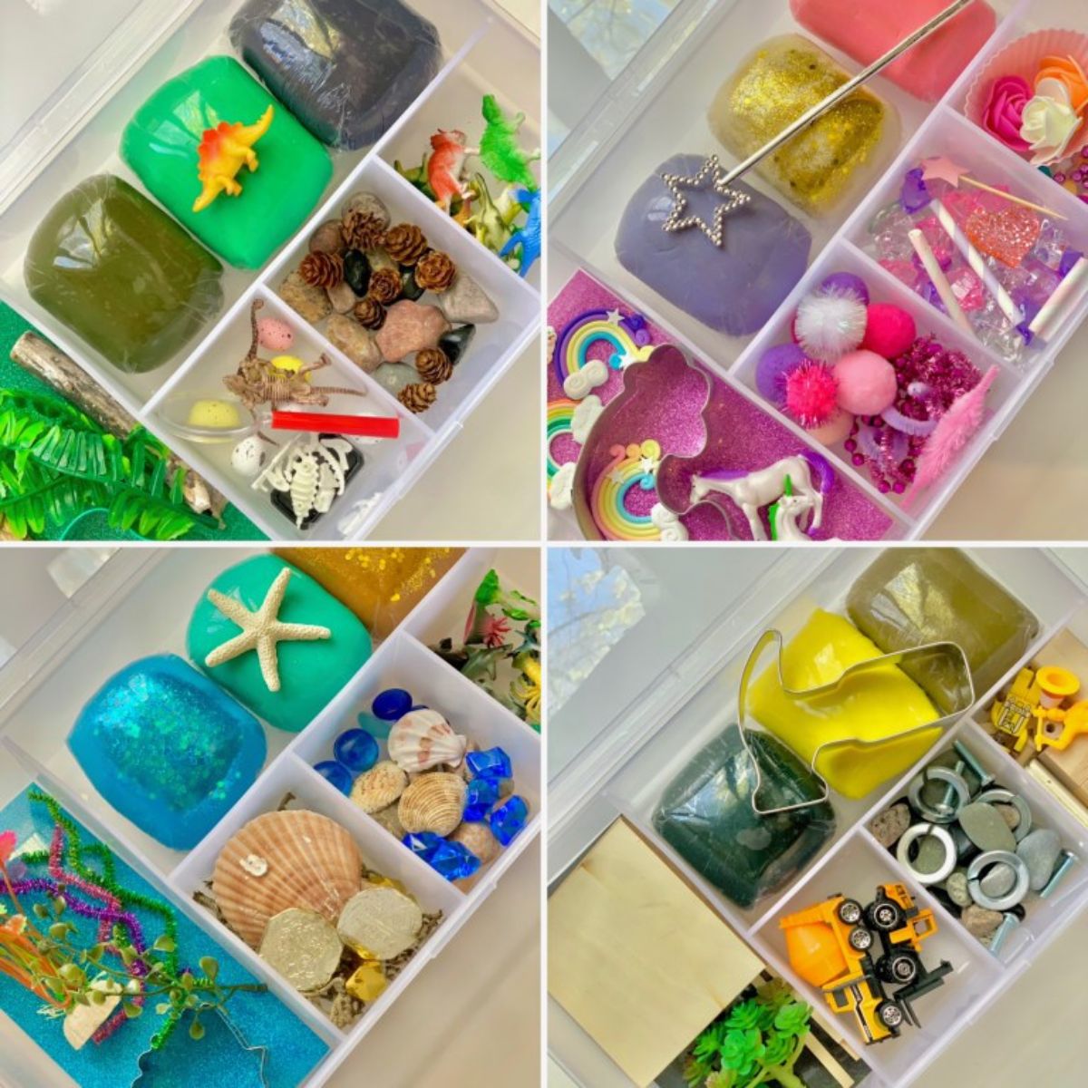 4 images of storage boxes full of tiny toys and items