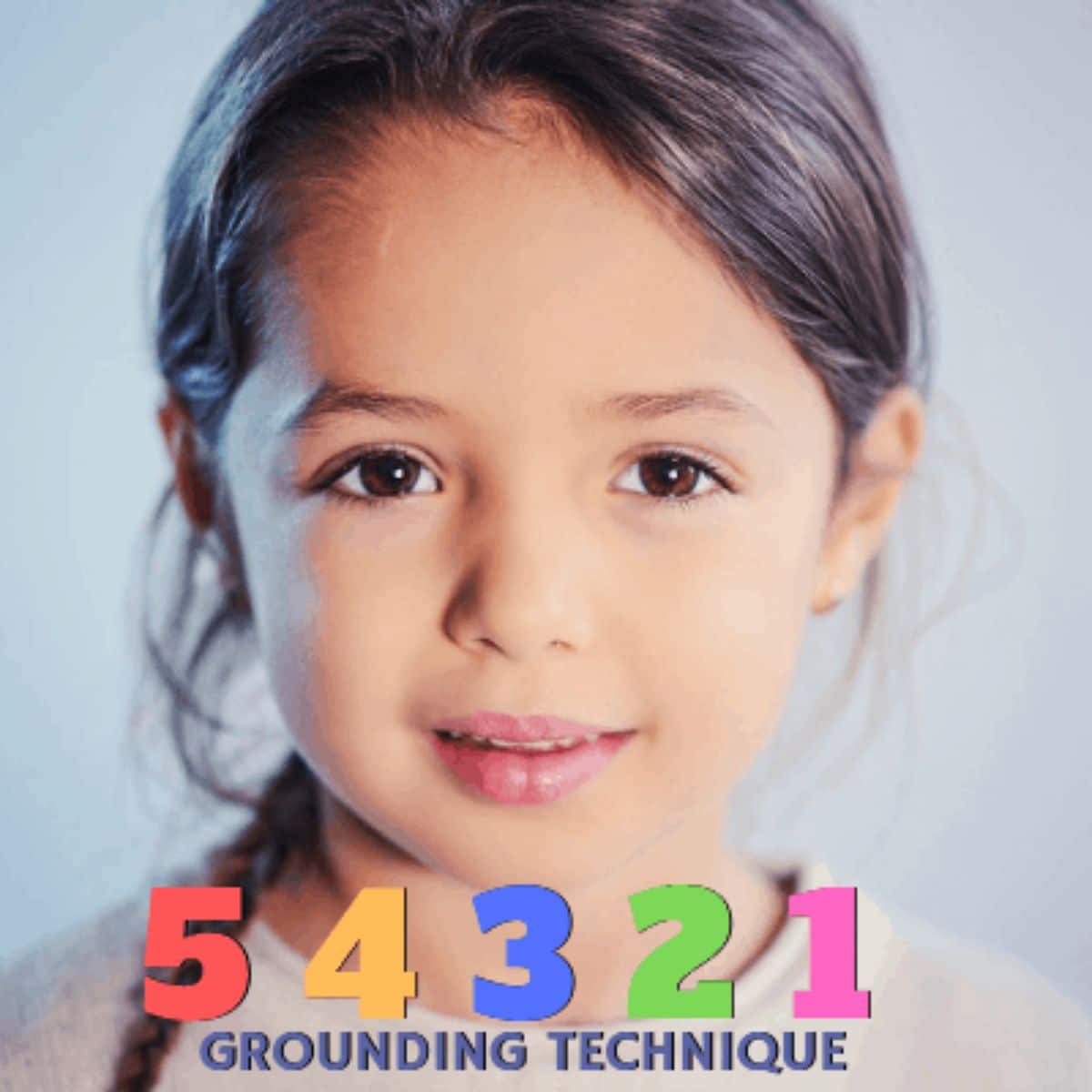 The text reads "54321 Grounding technique". The image is of a girl with black hair looking at the camera