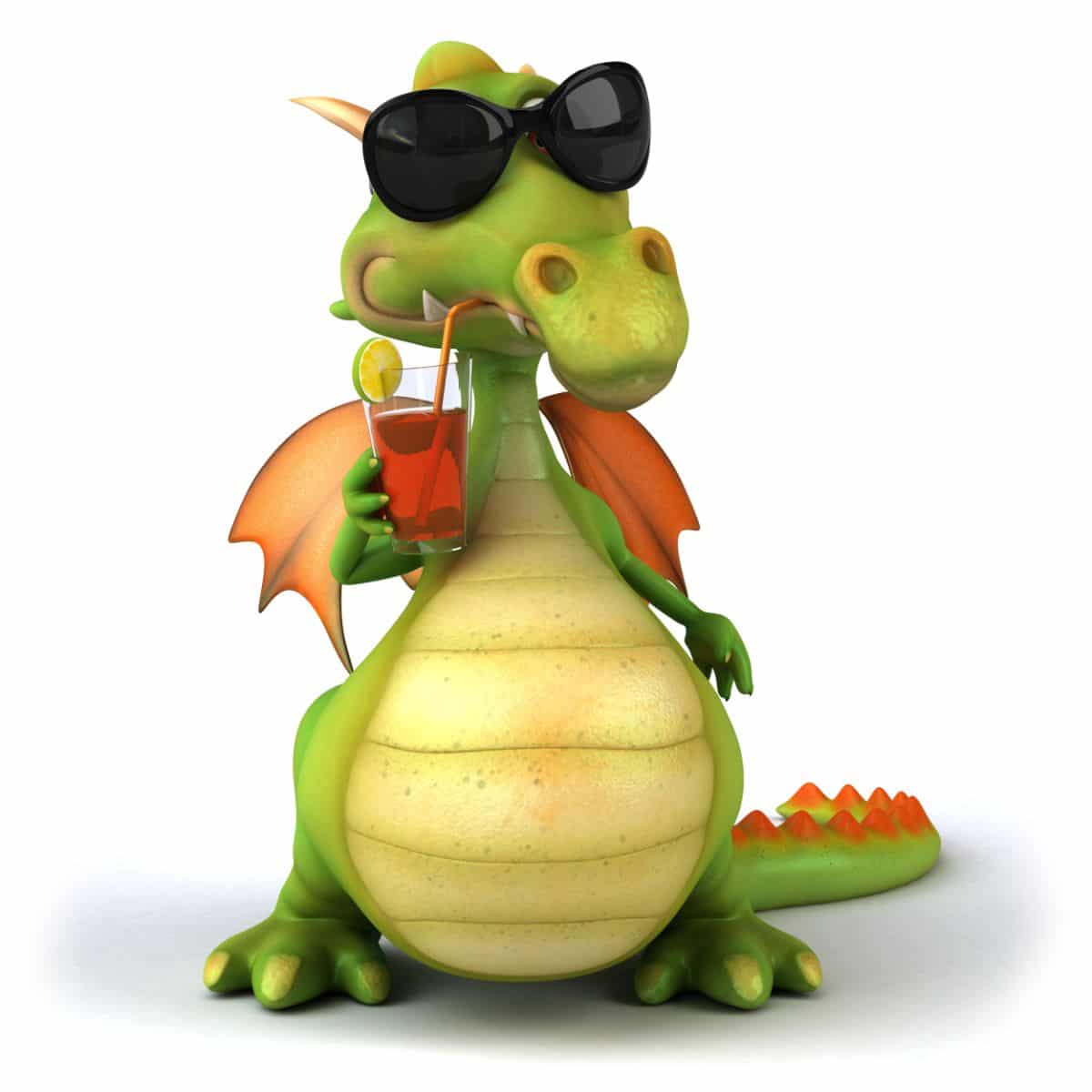 a cartoon dragon wearing shades sips from a glass containing red liquid, a lime garnish and a straw