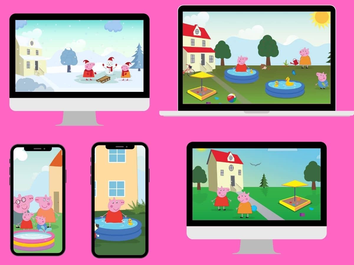 collage image of fake laptop and phone screens with peppa pig images