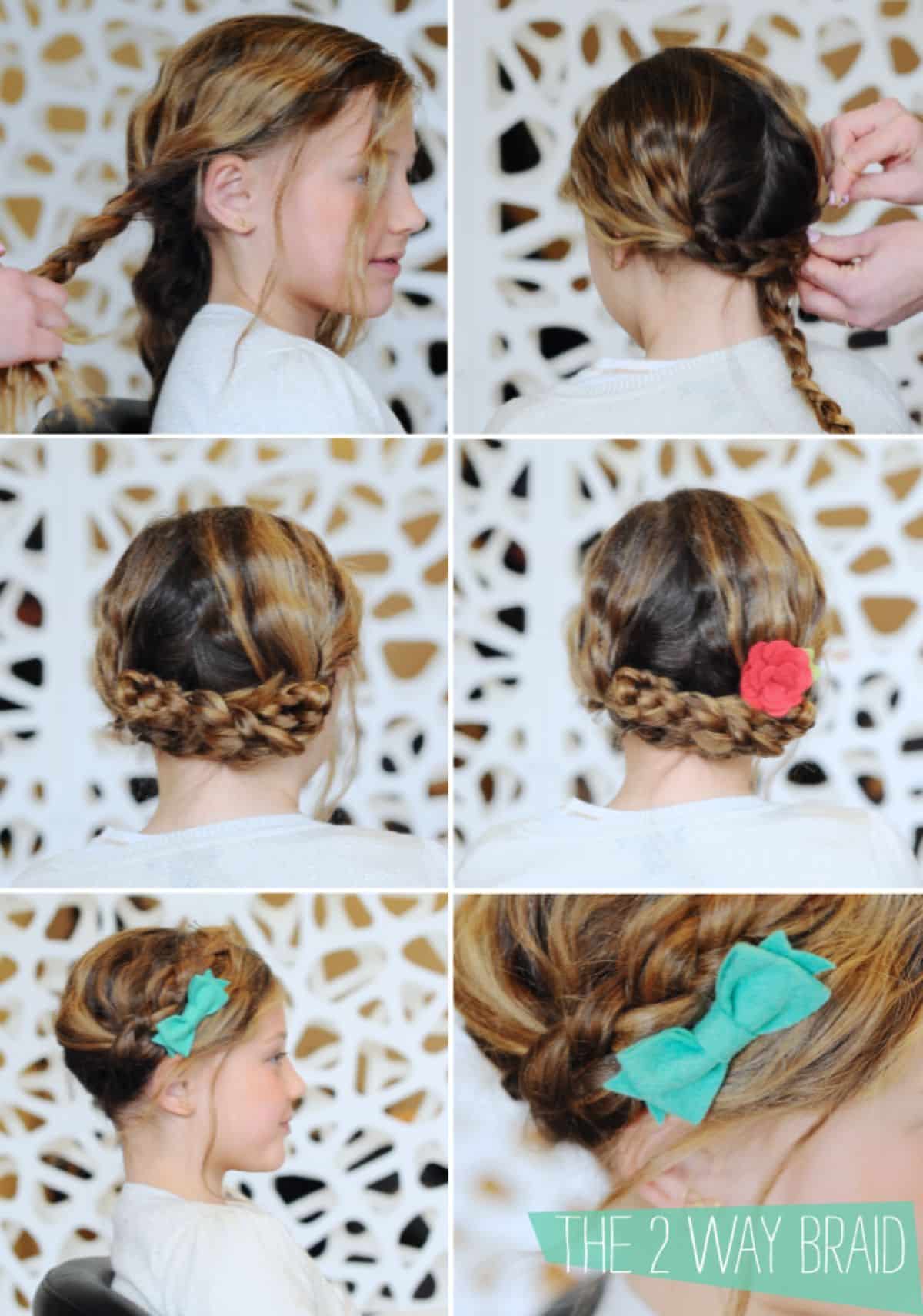 6 images of girl getting different types of ponytails.