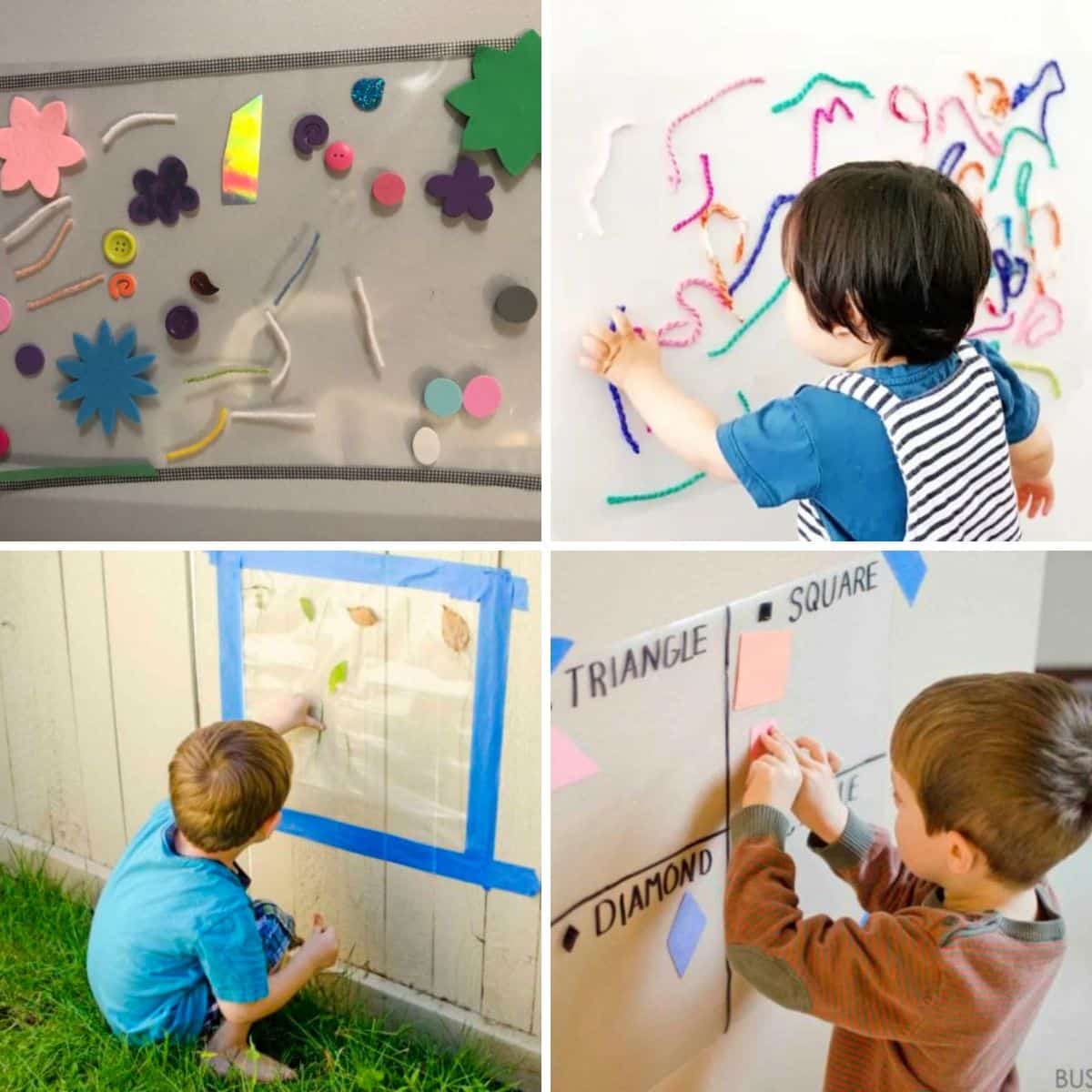 4 images of sticky wall activities for kids.