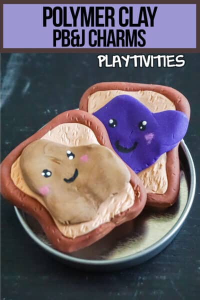 best friend charms kids can make with text which reads Polymer Clay PB&J Charms
