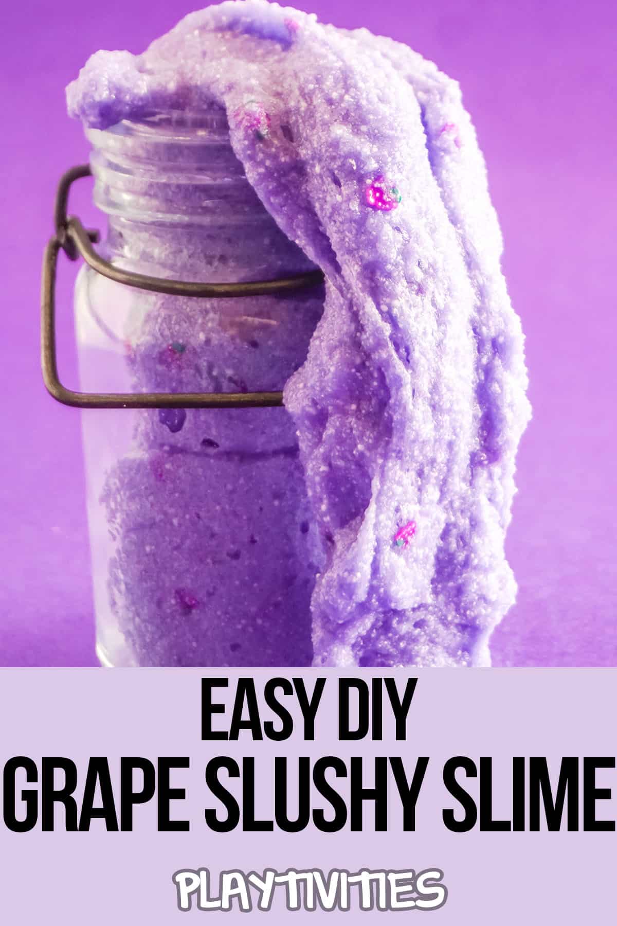 glass of grape slurpee slime in a jar with text which reads easy diy grape slushy slime