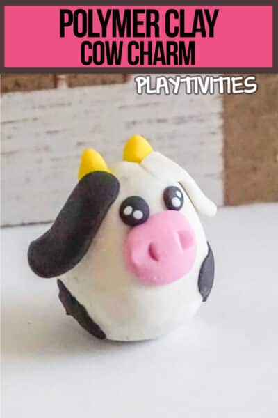 easy kids craft cow charm from clay with text which reads polymer clay cow charm
