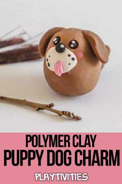 cute dog made from polymer clay with text which reads polymer clay puppy dog charm