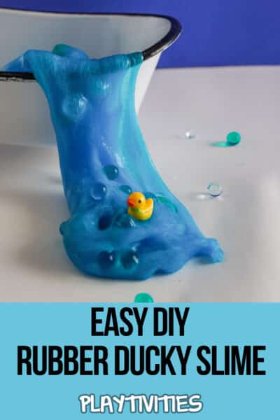 bath time slime in a tiny bath tub with text which reads easy diy rubber ducky slime