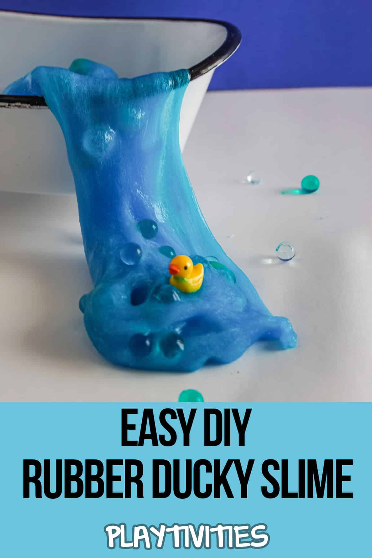bath time slime in a tiny bath tub with text which reads easy diy rubber ducky slime