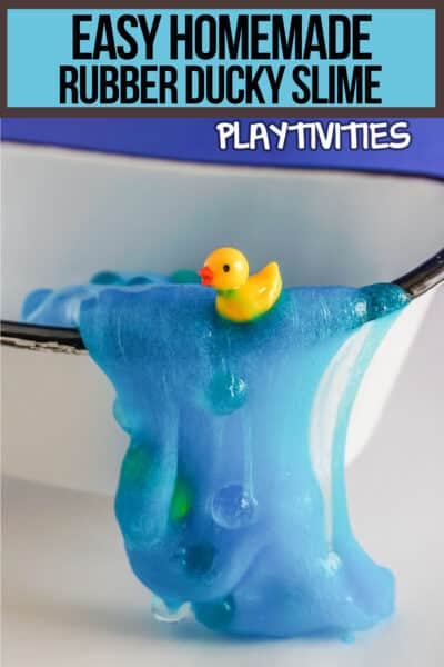 duck in bath slime with text which reads easy homemade rubber ducky slime