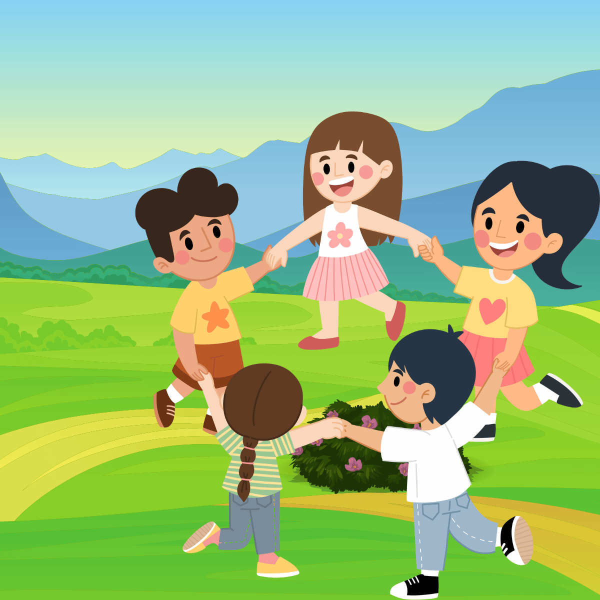 Kids dancing next to a flower bush