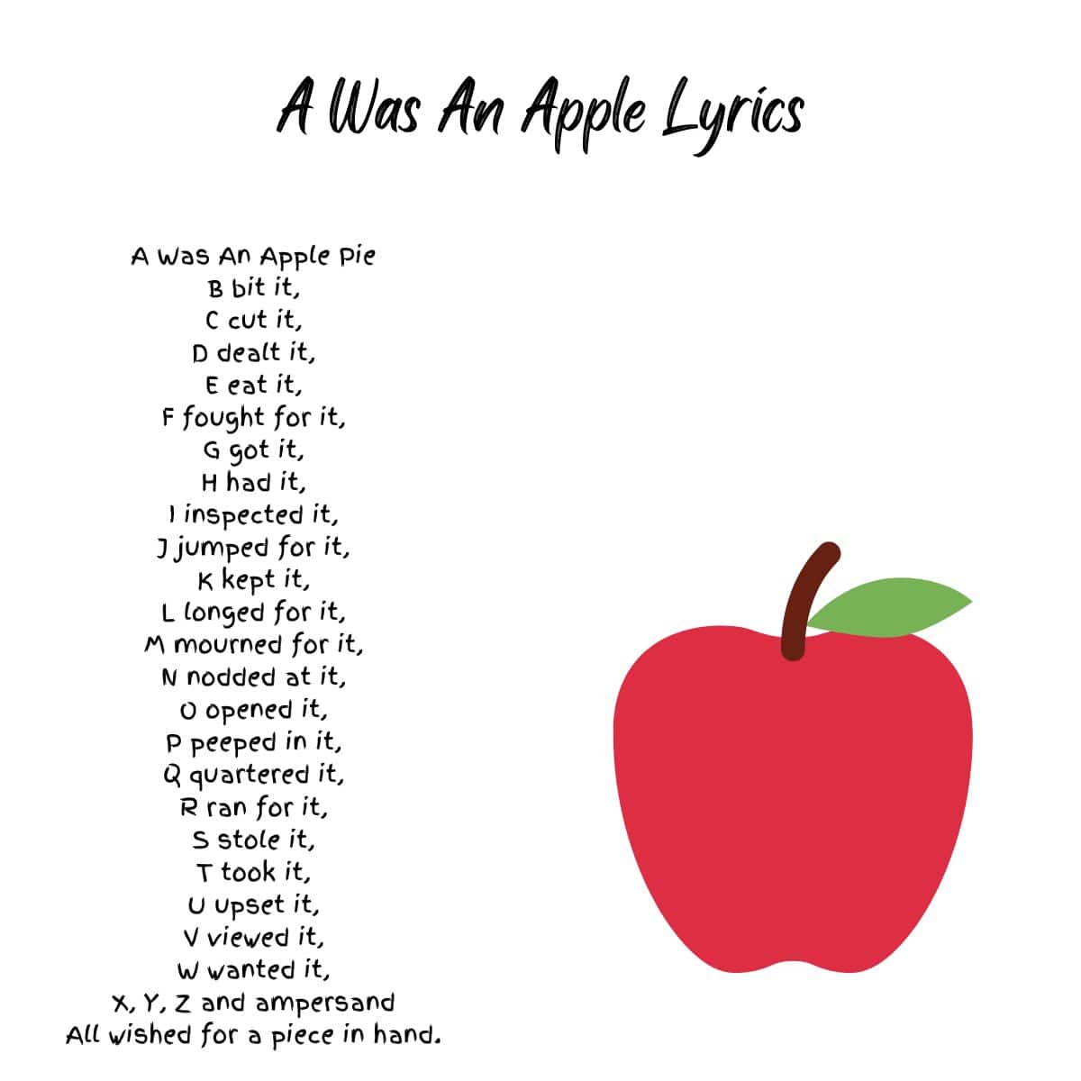 A Was An Apple Lyrics on A White Background with and Apple On it