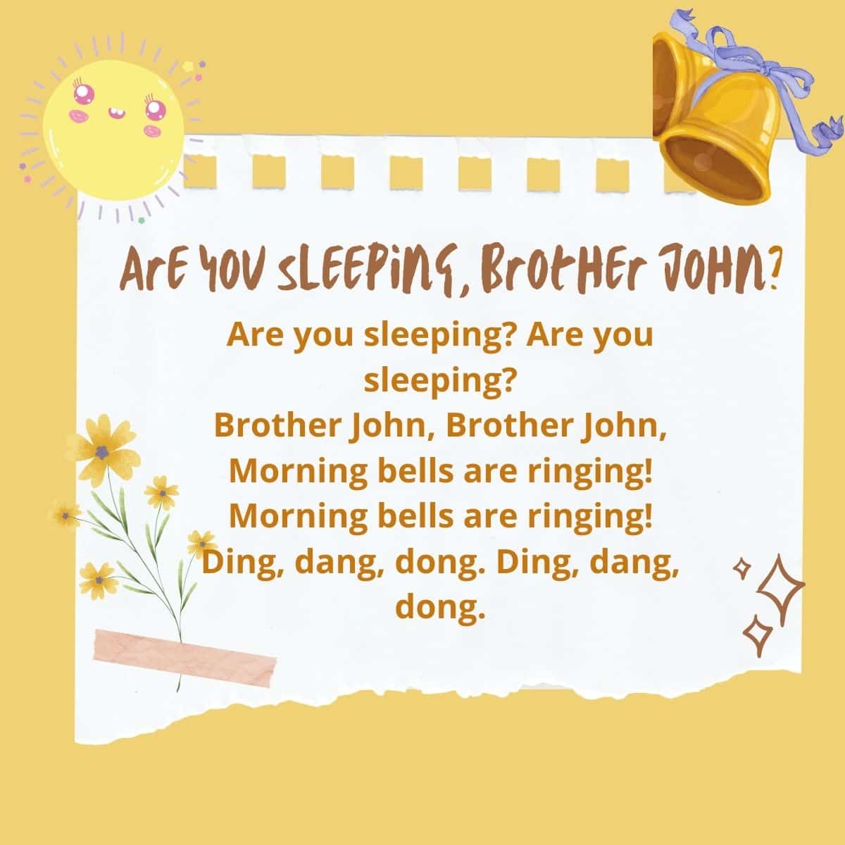 Are You Sleeping, Brother John? Lyrics on light yellow background with sun and bells