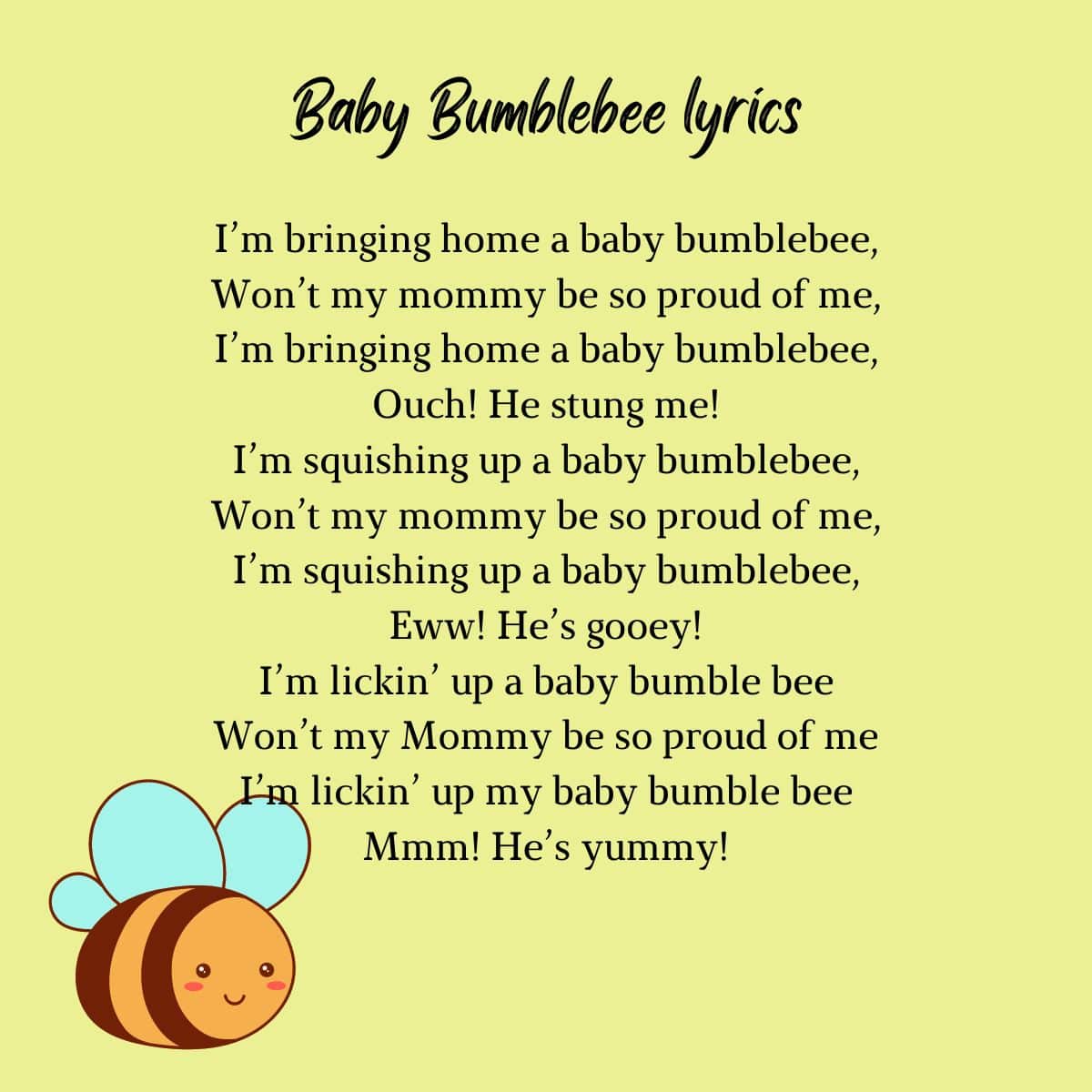 Baby Bumblebee Lyrics on a light yellow-green background wit a Bee on it