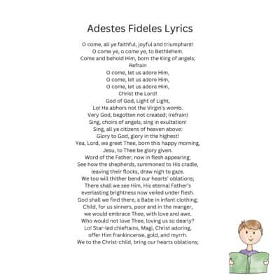 Adestes Fideles Lyrics on a white backgruoind with a kid reading