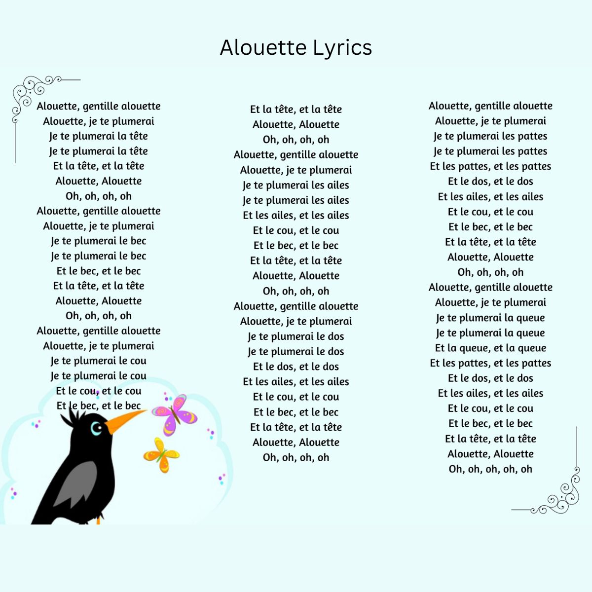 Alouette lyrics in Blue background